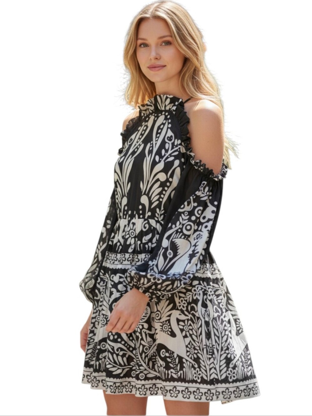 New Alice McCall black white printed oh deer me mini off shoulder dress Size 8